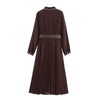 Women Brown With Belt Pleated Midi Dress Front Button Long Sleeve Chiffon Autumn Dresses Female Office Vestidos