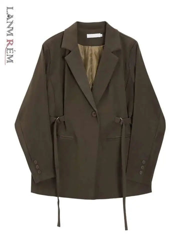 Belt Spliced Design Blazer Women Vintage Notched Collar Single Button Coat Spring Clothing 2AA4613