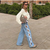 Y2K Women's Diamond Star Blue Jeans High Waist Pockets Zipper Wide Leg Denim Pant Summer Autumn Lady Street All-match Pants
