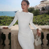 Elegant Long Sleeve Lace Up Bodycon Maxi Dress Women Spring Autumn O Neck White Black Party Evening Long Dresses Outfits
