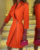 Womens Dresses Spring Tied Detail Elegant Shawl Collar Three Quarters Plain Midi Work Blazer Pleated Dress