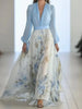 Women Elegant Print Dress Long Sleeve Deep V Neck High Waist Loose Dresses Robe Femme Holiday Party Womens Clothing