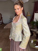 Jacquard Satin Women Jacket Square Neck Ruffle Trim Button Front Flare Long Sleeve Slim Top Chic Autumn Daily Wear