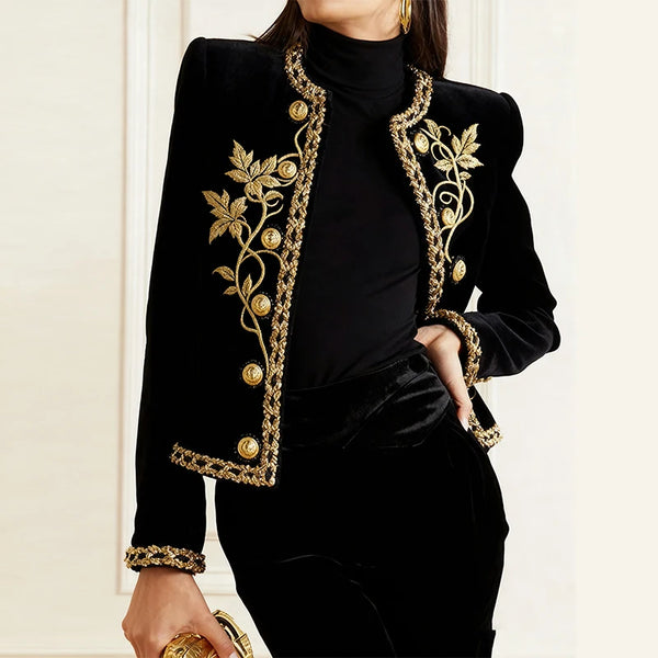 Woman Fall Winter Gold Embroidered Jackets Velvet Long Sleeve Round Neck Button Christmas Holiday Ladies Coat