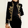 Woman Fall Winter Gold Embroidered Jackets Velvet Long Sleeve Round Neck Button Christmas Holiday Ladies Coat
