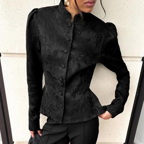 Stand Collar Jacquard Coat Waist Taper A Line Hem Women Outerwear Puff Sleeve Autumn Winter A Line Top Holiday Gathering