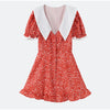 Red Floral Print Peter Pan Collar Dress Women Puff Sleeve V Neck Button Down A-line Mini Dress Lady Weekend Getaway Robe