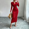 Women Polo Collar Knit Maxi Long Dress Elastic Ribbed Long Sleeve Bodycon Sweater Dress Elegant Ladies Party Casual Outfits