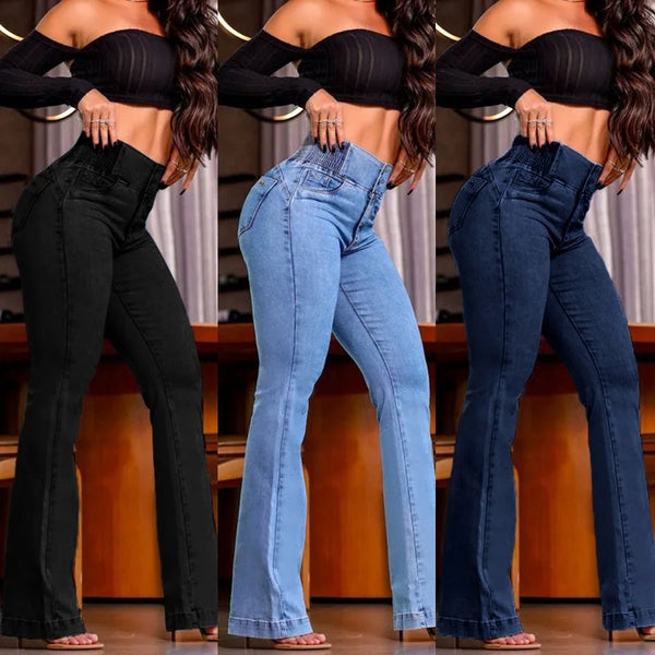 Jeans Women Flare Pants Strecth High Waist Washed Distressed Skinny Vintage Pockets Buttons Trousers Streetwear Denims