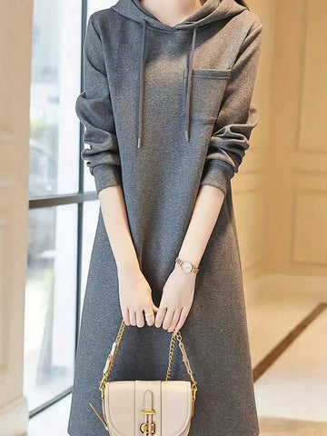 Women's Hooded Knit Midi Dress Autumn Long Sleeve Stretchy Loose Casual Sweat Dress with Drawstring Hood and Pocket