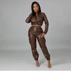 Women Jacket Sets 2 Piece Long Sleeved Slim PU Leather Gripped Pants Set Solid Zipper Fly Pencil Pants Slim Fit High Street Suit