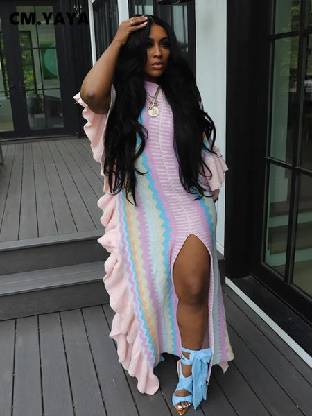 Women Knit Ribbed Clock Ruffes Side Sleeve Front Split Striped Straight Maxi Dress Vintage Vestidos Dresses