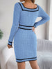 Autumn Winter Casual Elegant Square Collar Button Decoration Knitted Dress Long Sleeve Bodycon Dress for Women