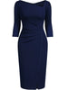 Womens Elegant Cutout Neck 2/3 Sleeve Work Office Knee Length Split Business Casual Party Ruched Pencil Bodycon Sheath Dress