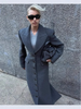 Women's Long Coat Slim V Neck Single Breasted Overcoats Shoulder Pad Maxi Jackets with Belt Winter Lady Commute Outwear