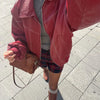 Women Stand Collar Leather Pilot Jacket Red Zipper Cropped Coat Casual Outerwear Streetwear