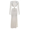 Waistless Elegant Dress Women Classic Full Sleeve Padded Bra Deep V-Neck Metal Buckle Hipster Simple Skinny Vestidos
