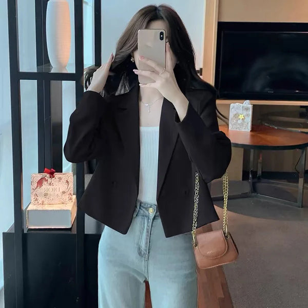 Black Cropped Blazers Women Spring Autumn Elegant Long Sleeve Single Button Suit Jacket Woman Korean All Match Office Suit Coat