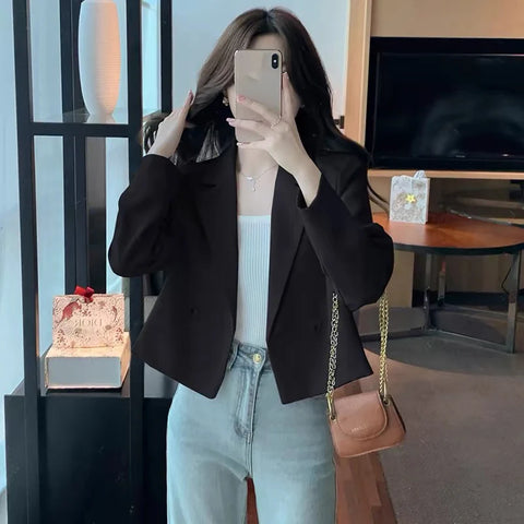Black Cropped Blazers Women Spring Autumn Elegant Long Sleeve Single Button Suit Jacket Woman Korean All Match Office Suit Coat