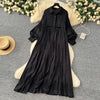 Spring Vintage Loose Dresses Women Lantern Sleeve Turn-down Collar Solid Single Breasted Casual Folds Long Dress