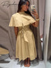 Women's Trench Style Midi Dress Stand Collar Cape Overlay Short Sleeve Belted Waist A‑Line Dresses Autumn Elegant Office Outfits
