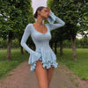 Sexy Black White Patchwork Ruffles Short Dress Women's Long Flare Sleeve Lace-up Evening Party Mini Dresses Female Blue Pink Red