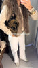 Floral Jacquard Faux Fur Trim Jacket Women V Neck Single Button Long Furry Cuff Cropped Coats Winter Vintage Party Coat