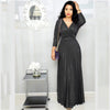 Elegant Women's Long Dress Long Sleeve Bronzing Pleated Dress With Belt High Waist V-neck Party Dresses Robe Femme