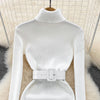 Elegant Turtleneck Long Sleeve Knit Soft Tight Pencil Dress with Belt Slim Warm Sweater Vestido Sexy Women Winter Robe