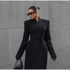 Black Tailored Long Coat Women Elegant Asymmetric Button Front Pockets Full Sleeve Criss-cross Neck Jacket Casual Outerwear