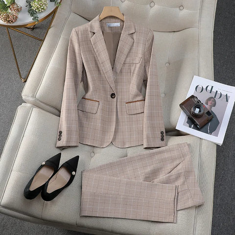 Apricot Plaid Pant Suits for Women Blazer British Style Capable Professional Clothing OL Clothes Suit Pants