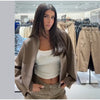 Women Solid Cropped Zip‑Up Knit Jacket Stand Collar Zipper Long Sleeve Loose Short Sweater Autumn Casual Commute Outerwear