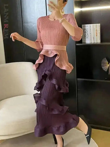 French Irregular Women's Pleated Dress O-neck Tie Three Quarter Sleeve Temperament Cake Dresses Spring 2DE172