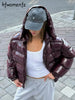 Casual Women's Glossy Hooded Cotton Coats Puffy Stand Collar Zipper Long Sleeve Warm Jackets Winter Lady Down Jacket
