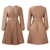 Elegant Dresses Woman V Neck Full Sleeve Pleated Mid Calf Belt Waisted African Female Birthday Party Dress