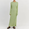 Women Elegant Ribbed Knit Full Sleeve Maxi Dress Crew Neck Bodycon Pencil Long Dress Tie Waist Dress 90s Vintage Streetwear