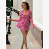 Women Elegant Floral A-line Pleated Dress Sexy Long-sleeved Waist Cinching Ruffle Mini Dresses Lady Vacation Street Gowns