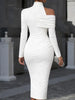 Women's White Off Shoulder Asymmetric Bodycon Dresses Autumn High Collar Cutout Long Sleeve Ruched Slit Slim Midi Dress
