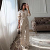 Casual Solid Shirt Trouser Suits Women Full Sleeve Lace Up Lapel Top Wide Leg Pants Lady Set Autumn Female Suit