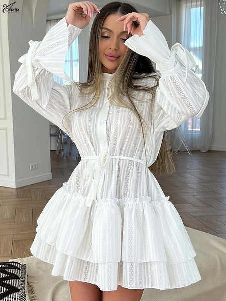 Elegant White Cotton Women's Dress Lace-Up Neck Lace Long Sleeve Dresses Autumn Loose Pleated Mini Dress Female