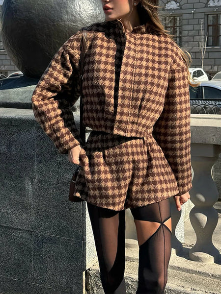 Retro Suede Coats High-waist Shorts Set Women's Plaid Full Sleeves Short Zipper Jackets Autumn Winter Ladies Outwear