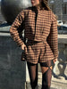 Retro Suede Coats High-waist Shorts Set Women's Plaid Full Sleeves Short Zipper Jackets Autumn Winter Ladies Outwear