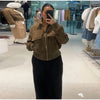Women's Cropped Bomber Jacket Stand Collar Zipper Patch Pocket Rib Trim Long Sleeve Short Coat Vintage Autumn Casual Outfit