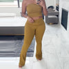 Olive Green Slim Pant Sets Women's Two Pieces Set Crop Off Shoulder Ruffled Tube Top Outfits Mid Waist Flares Trousers Sets