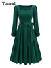 Red Velvet Christmas Elegant Party Women Dress Square Neck Long Bishop Sleeve Autumn Winter Belted Swing Dresses