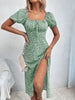 Women's Boho Curvy Holiday Outfits Frenchy Style Ditsy Floral Print Ruched Split Thigh Milkmaid Puff Sleeve Square Neck Dress