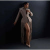 Women Two-Piece Set Turn‑Down Collar Long Sleeve Cinched Waist Blazer Maxi Fringe Slit Skirts Elegant Chic Outfits