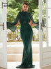 Elegant Apricot Sequin Muslim Party Dress Women Split Sleeve High Neck Bodycon Dubai Evening Dresses Prom Gown