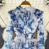 Court Style Long Dresses for Women Floral Print Flare Sleeve Stand Collar Female Elegant Vestidos Chiffon Maxi Dress