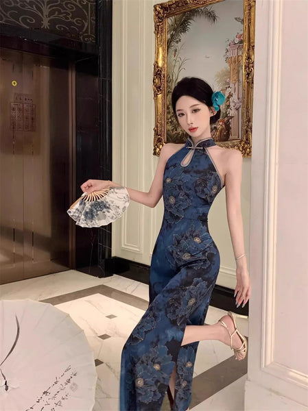 Chinese Style Woman Jacquard Satin Shoulder Digging Improved Slim Fit Cheongsam Printed Waist Cinching Dress Long S